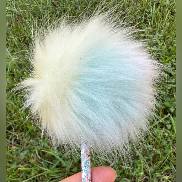 Justice Girls Tie Dye Unicorn Rainbow Pom Pom Fluffy Blue Pen with Tip Cover - Picture 5 of 16